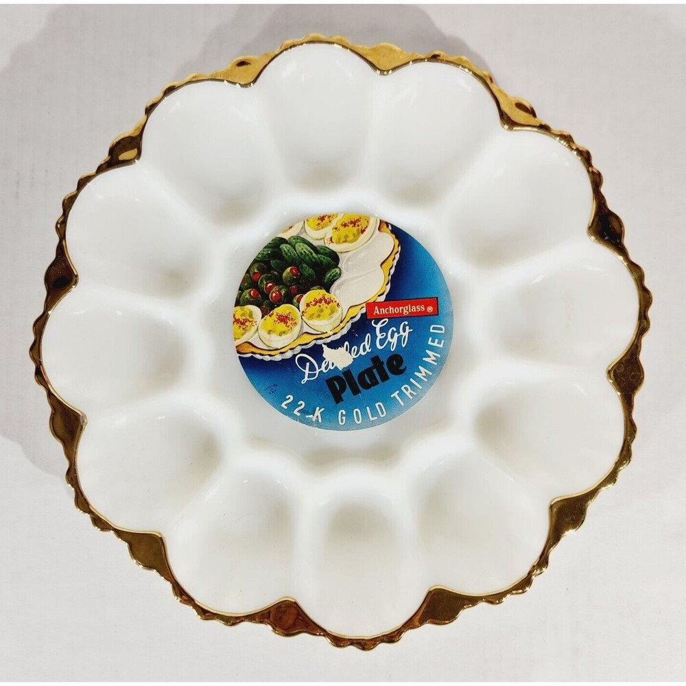 Vtg Anchor Hocking Milk Glass Deviled Egg Plate 22K Gold Trim Scalloped Edge